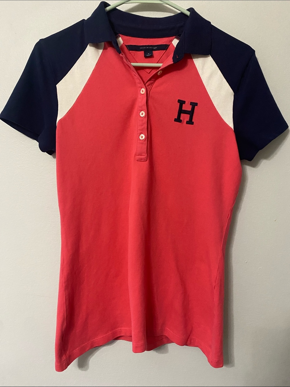 🌞 4/$20 Tommy Hilfiger Preppy Pink Polo Colorblock Women Size Medium